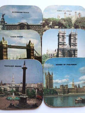Vintage London Souvenir Coasters Set 6 Landmarks Tower Bridge Buckingham Palace